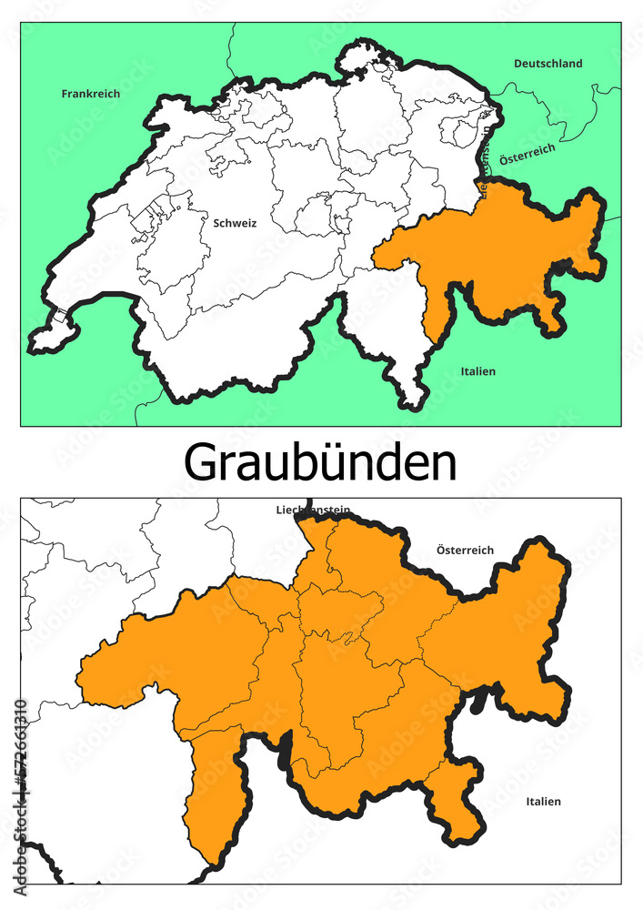 Obraz premium Schweiz Landkarte mit dem Kanton Graubünden Karte detailiert