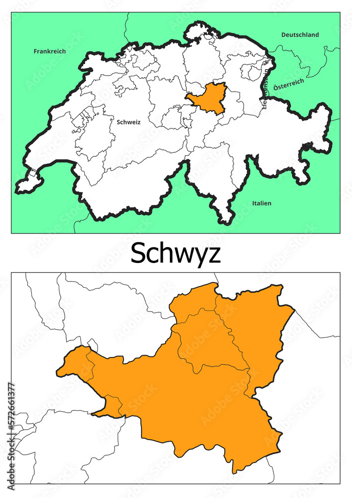 Obraz premium Schweiz Landkarte mit dem Kanton Schwyz Karte detailiert