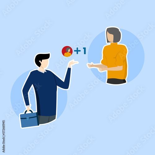 Refer friends concept, attract new customers referral program, two people talk, advise, suggest product, recommend app, business promotion, tell about service.