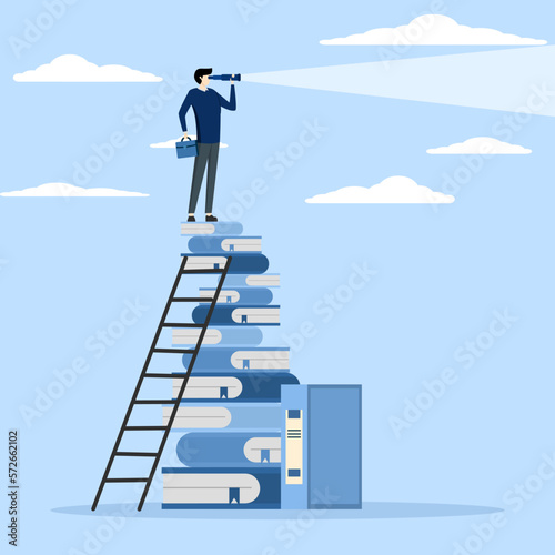 Studying or learning helps to achieve goals and success, motivation or ambition to learn new skills, business education concept, smart businessman climbing on a stack of books to see the future.