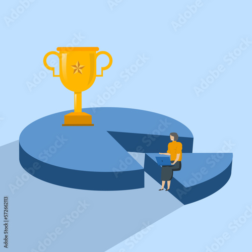 Pareto principle, 80 to 20 rule, productivity to produce big results concept, work efficiency, minimal effort for big results, women entrepreneurs work 20 percent pie chart with trophies in 80 parts.