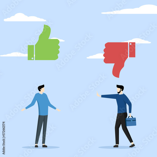 constructive criticism. Symbolic suggestions like or dislike for correct ratings and ratings. Opinion discussion in flat little people concept. Positive or negative client reaction. flat vector photo