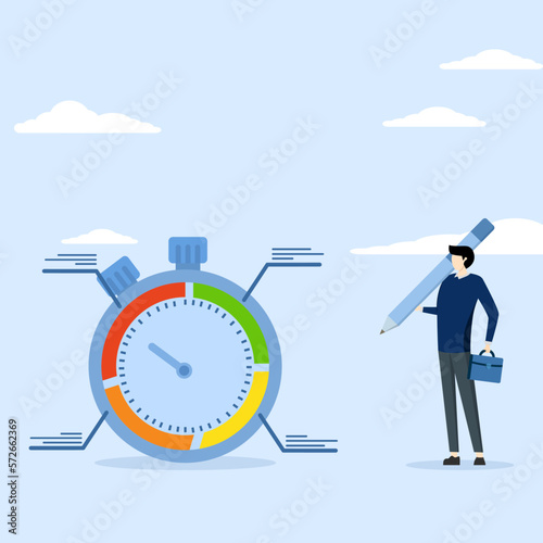 evaluating efficiency or project resource planning concept, Time tracking or time management system to manage project or productivity, businessman standing with stop watch timer spending time pie char