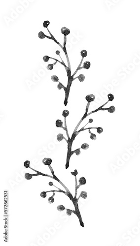 Black on white Hand drawn watercolor Branch with leaves. Floral simple illustration. Botanical ink contour. Minimalism line art.
