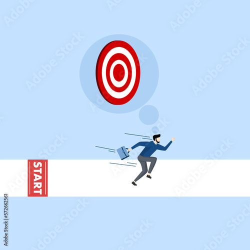 Business start concept, Entrepreneur ready to run at start, Starting career concept, Entrepreneur running fast to go to business goal, Entrepreneur getting ready at starting line.