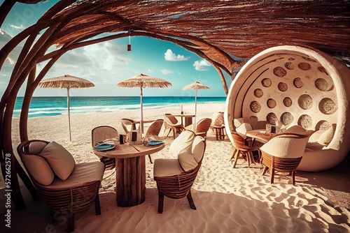Chill out area on a paradisiacal beach. Chill out restaurant, chill out atmosphere in front of the beach. Generative AI