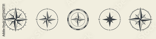 Windrose Silhouette Icon Set. Compass Nautical Navigator Cartography Glyph Pictogram. Rose Wind Navigator Icon. Adventure Direction to North South West East Sign. Isolated Vector Illustration