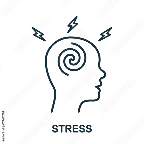 Stress, Headache, Anxiety Line Icon. Stressed Brain and Human Head with Lightning Linear Pictogram. Frustration Outline Sign. Person Depression Symbol. Editable Stroke. Isolated Vector Illustration