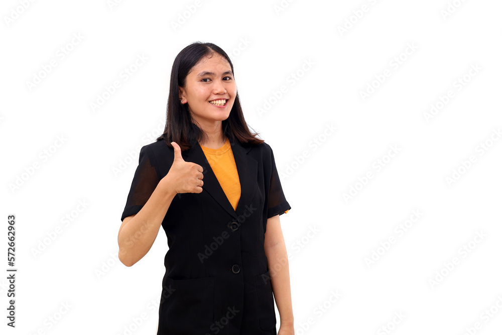Cheerful young asian business woman standing while showing thumbs up. Isolated on white Cheerful young asian business woman standing while showing thumbs up. Isolated on white