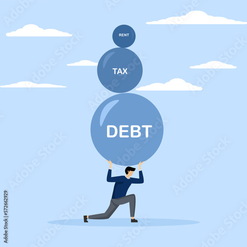company burden concept, Businessman carrying many big stones with word debt, tax, loan on it, Heavy Burden concept, flat vector illustration