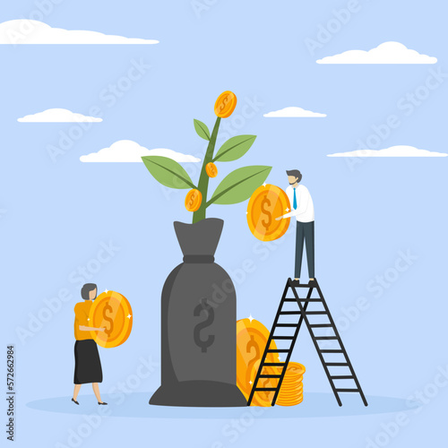 saving and money growing concept, financial gain or income from stock market, Mutual fund, investment growth or wealth management, people put money in mutual fund with money growth.