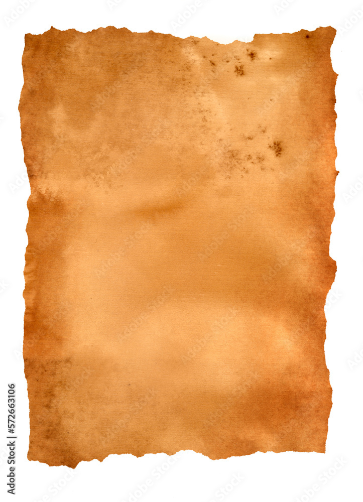 Grunge old stained paper with torn edges, isolated on white. Suitable for background.