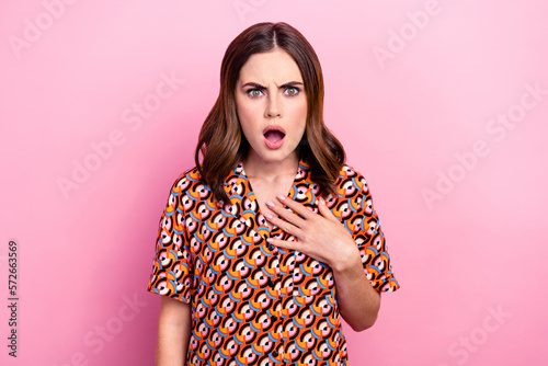 Photography Photo portrait of lovely young lady point self accused offended astonished wear