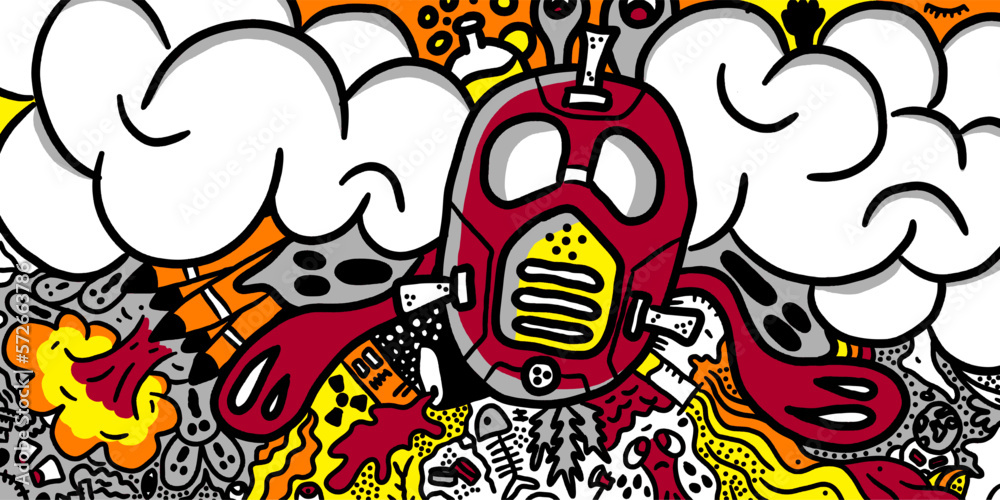 an illustration that describes the state of the earth when there is a lot of pollution from various forms and reasons, the Gas Mask Double Respirator mask is only as a protective barrier. an illustration that describes the state of the earth when there is a lot of pollution from various forms and reasons, the Gas Mask Double Respirator mask is only as a protective barrier.