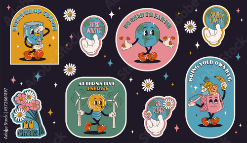 Collection of ecology stickers with slogans - zero waste, eco friendly, go green, save water, save the planet stickers in trendy retro cartoon style. Earth Day posters. World Environment Day.