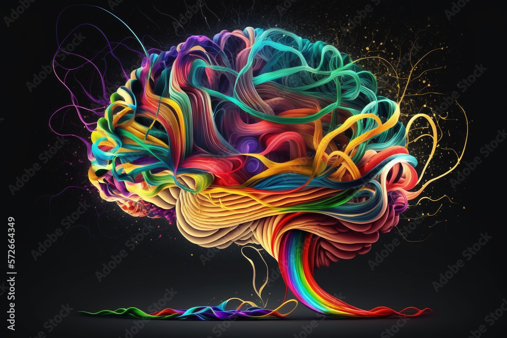 a human brain made of brightly-colored ribbons and fibers, with sparks ...