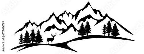 Black silhouette of deer mountains and forest fir trees camping landscape panorama illustration icon vector for logo, isolated on white background..