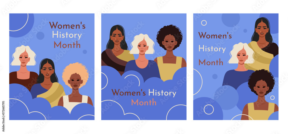 Set of Women's history month posters. Young womens of different nationalities. Feminism, women empowerment, diversity, gender equality concept. Vector illustration for banner, social media post, card