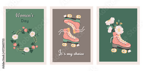 Women's day poster with flowers, roller skates, floral wreath. Set of Womens Day card, March 8, birthday, Mother's day. Spring background. Vector hand drawn flat illustration for web, print, holidays
