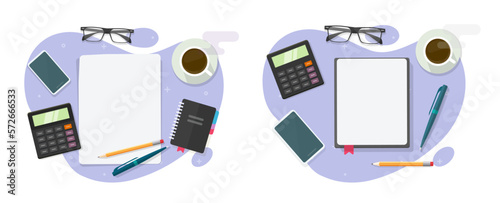 Work desk table vector overhead top view vector above illustration flat graphics design, study desktop with notebook note pad paper list pen pencil blank copy space office, memo writing document image