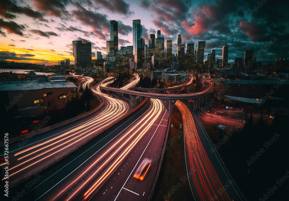 Background double exposure of night traffic in a modern city, in red orange colors, red sunset, night. AI