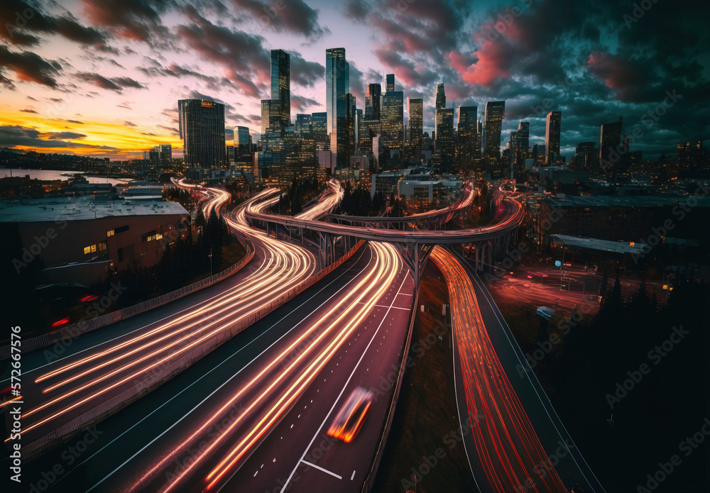 Obraz premium Background double exposure of night traffic in a modern city, in red orange colors, red sunset, night. AI