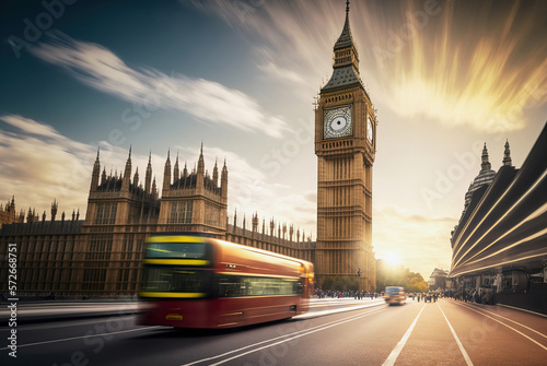Sun scene with Big Ben and Houses of Parliament with light and long exposure, AI
