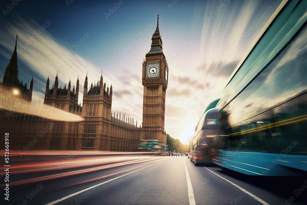 Sun scene with Big Ben and Houses of Parliament with light and long exposure, AI