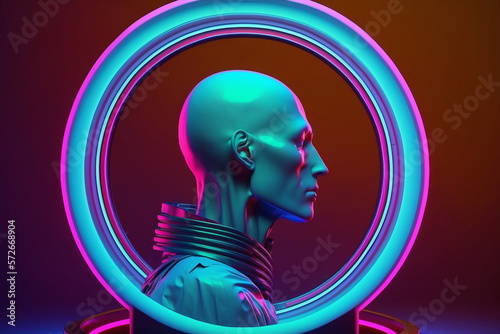 a futuristic mannequin on ring light with vaporwave neon colors, generated ai illustration