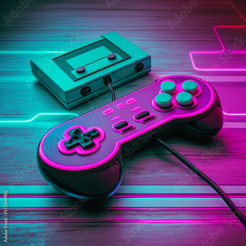 retro game controller, minimal  vaporwave set, neon colors, nostalgic grungy mood, generative ai illustration