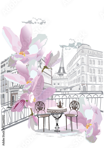 Series of street views with cafes and flowers in Paris. Hand drawn vector architectural background with historic buildings.