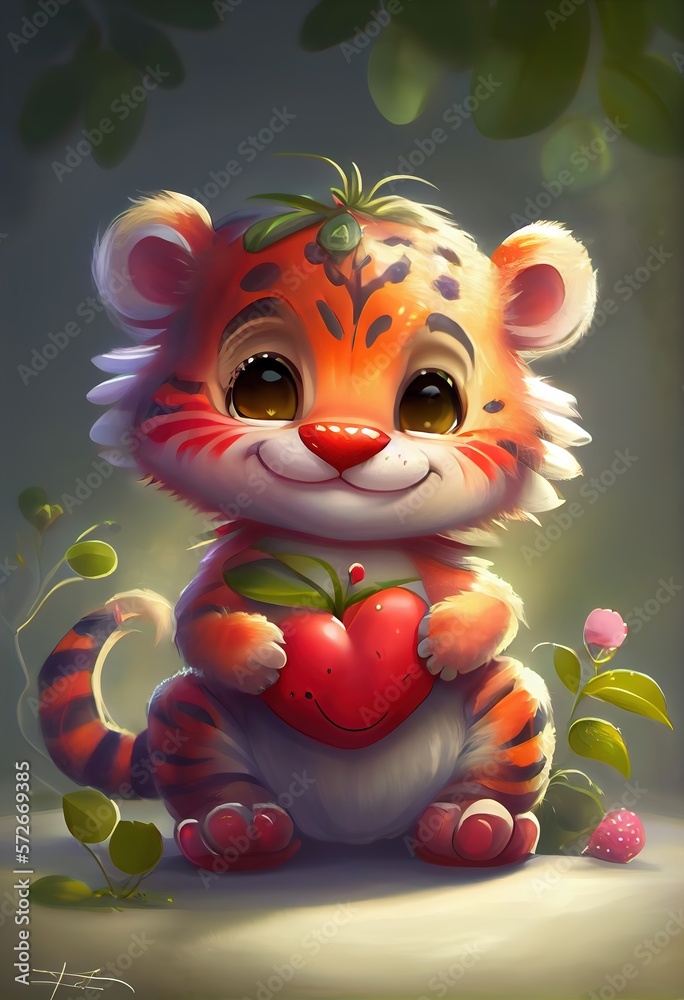Naklejka premium lion with heart color flat illustration.