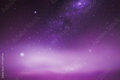 Milky Way and violet nebula. Night starry sky. Foggy vector background