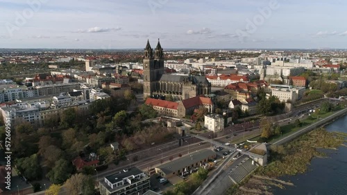 fly towards the magdeburg cathedral, cathedral square and state parliament in the background, downtown, city center magdeburg
 photo
