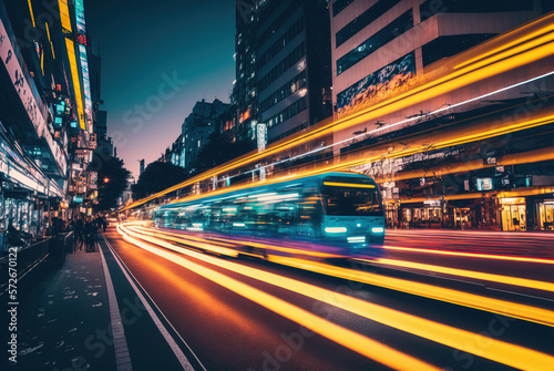 a city street with a bus and cars moving fast at night time with long exposure of the lights on the street. AI