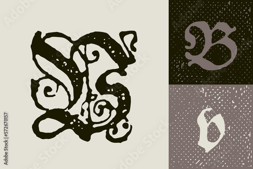 B letter drop cap logo. Illuminated initial and blackletter uppercase and lowercase.