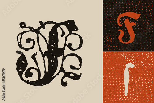 F letter drop cap logo. Illuminated initial and blackletter uppercase and lowercase.