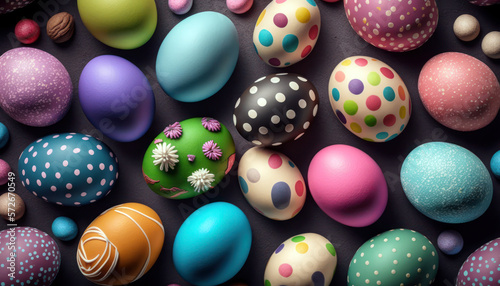 Colorful Easter eggs background. Decorated eggs , close up top view. Generative AI