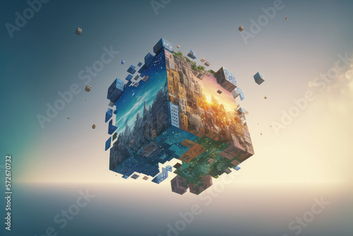 Abstract multiverse world with cubic landscape of nature and city . Creative surreal earth environment by puzzle artwork construction .. Peculiar AI generative image. photo