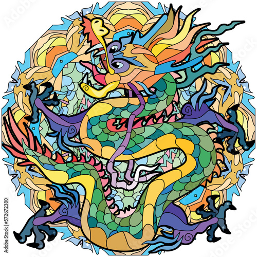 Zentangle dragon on mandala. Hand drawn decorative vector illustration