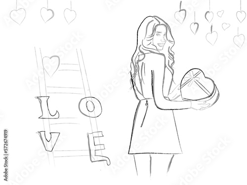 Woman holding a gift in heart shape Vector line art. Valentine day celebratio...
