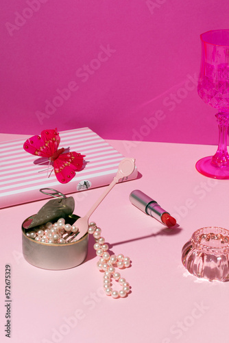 Romantic aesthetic still life, book with decorative elements, girly trend.