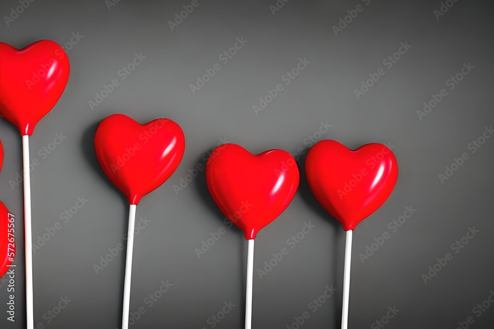 Red heart shaped lollipops with gray background. Generative AI