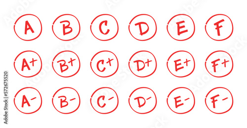 Test score collection isolated on white background. Set of grades for school with plus and minus signs.  Class grades with circles red on white background. Vector stock
