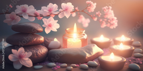 Concept Feng Shui. Zen spa relaxation. Ambiance salon de beauté et de massage. Bannière avec fleurs de cerisier sakura, bougies et pierres empilées. Atmosphère calme et reposante. Generative AI photo
