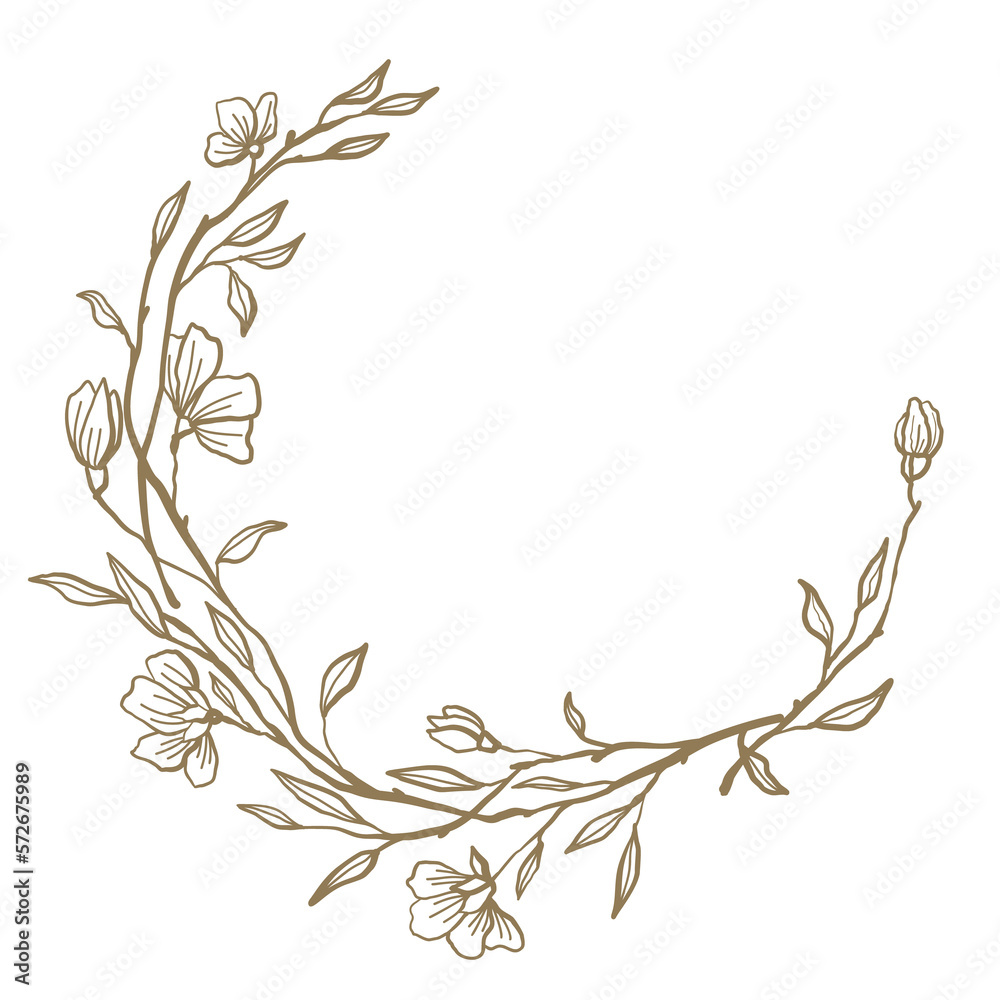 Hand drawn line floral frame. Elegant vintage wreath. Logo template. illustration botanical decoration elements for label, branding business identity, wedding invitation, greeting card