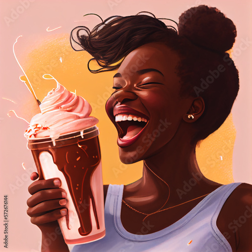 Ilustración de una sonriente chica de color con el pelo recogido con un moño y un enorme helado en la mano.