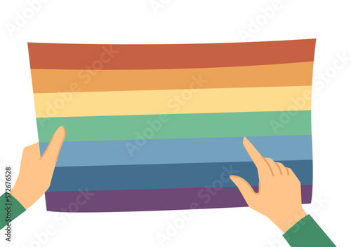 Hands with rainbow banner as symbol of peace or LGBT. Cartoon drawing of person holding colorful flag, social movement element on white background vector illustration. LGBT, freedom, community concept