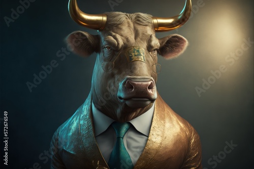 A cow in a golden suit being a luxurious cash cow , portrait | Generative AI photo