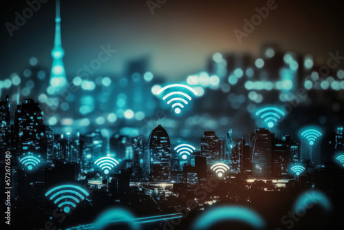 Internet conection and technology concept. Wifi icon over city skyline bokeh abstact background. Generative ai